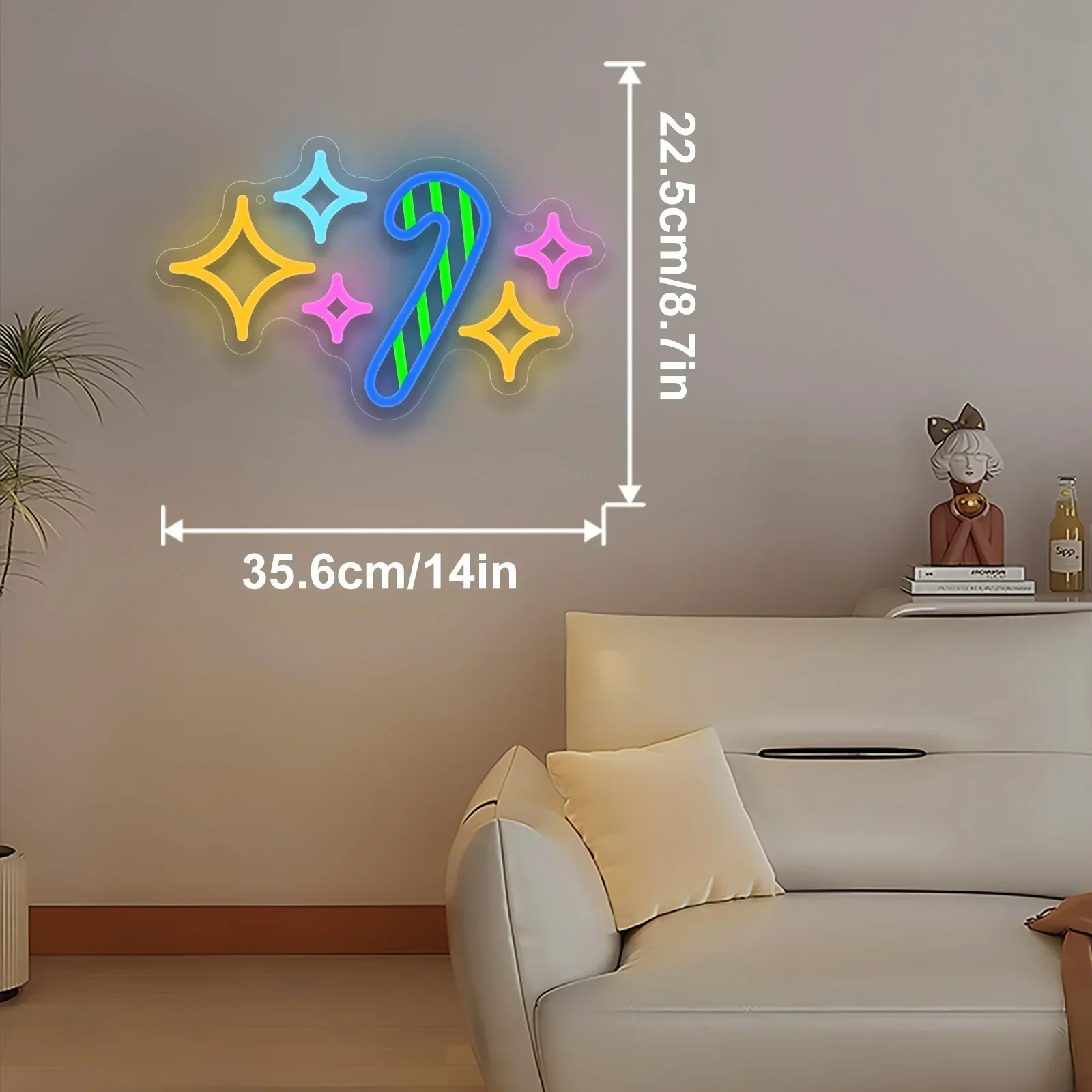 Candy Cane Sparkle Neon Sign Blue Pink Yellow Star LED Wall Art Acrylic USB Powered Dimmable Xmas Decor  Store Business Gift view 6
