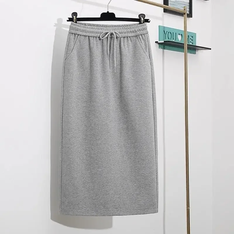 2024 Spring and Autumn Simple and Fashionable Versatile High Waist Lace Up Pocket Covering Crotch Slim Split Straight Half Skirt