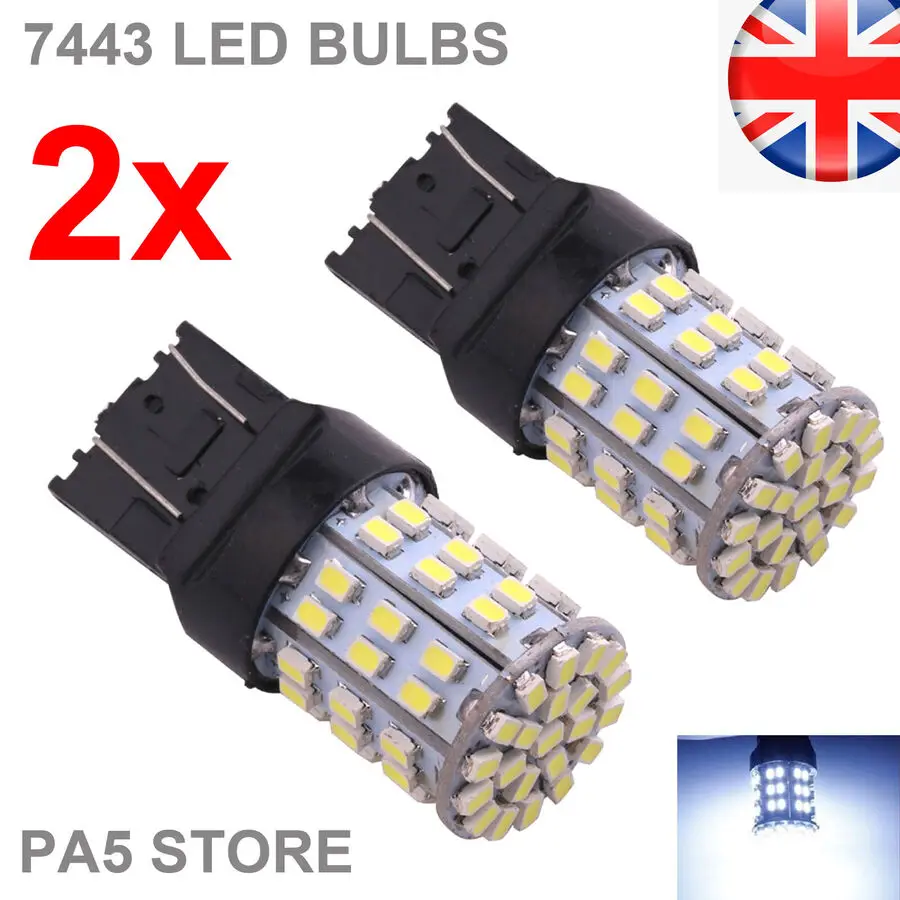 2x T20 7443 64-SMD LED BULBS WHITE W21/5W BRAKE TAIL REVERSE LIGHTS 6000K 12v