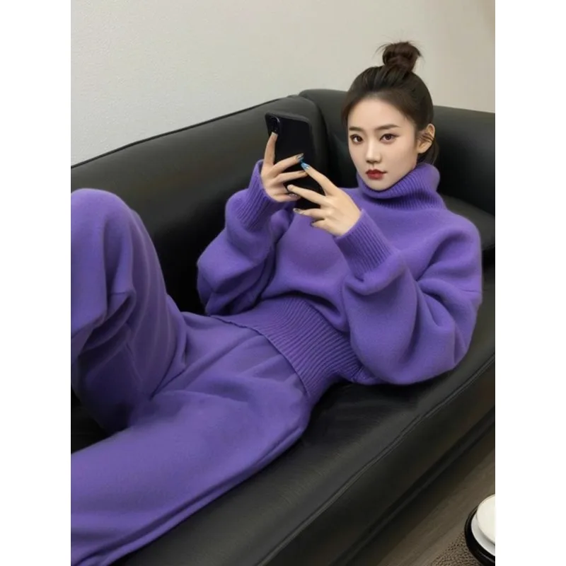 

Новый зимний повседневный костюм в корейском стиле для женщин с откидной спинкой и стильным фиолетовым свитером с высоким воротником и широкими брюками.