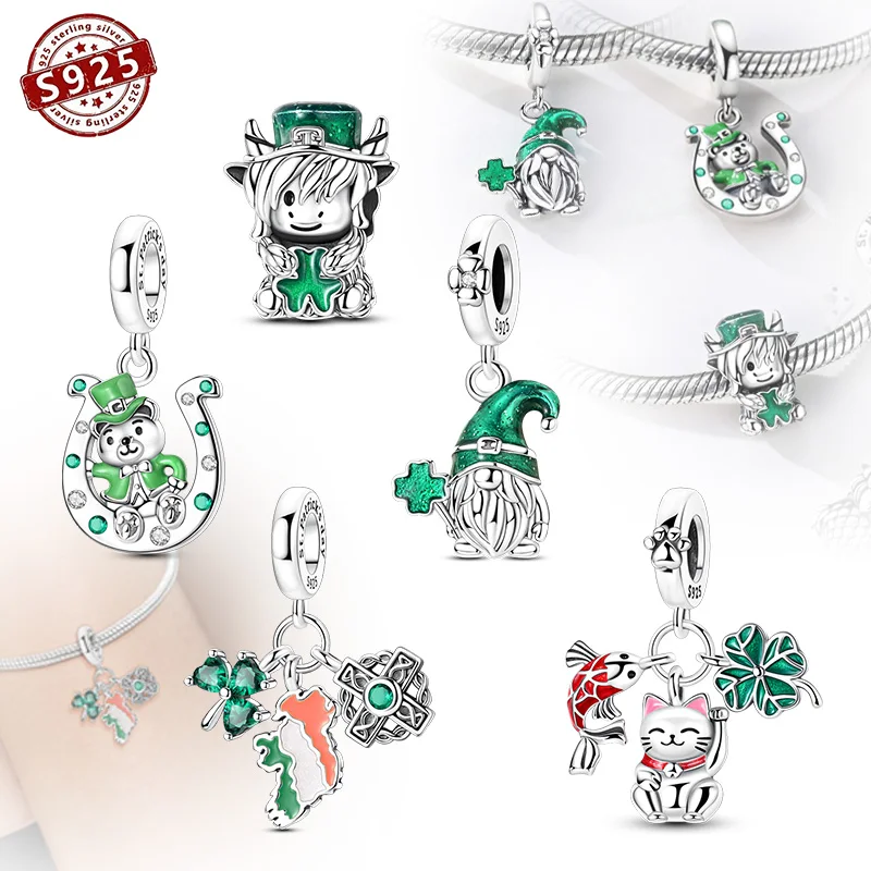 

St. Patrick's Day 925 Sterling Silver Highland cattle Bear Little dwarf Pendant Beads Charm Bracelet for Women Jewelry Making