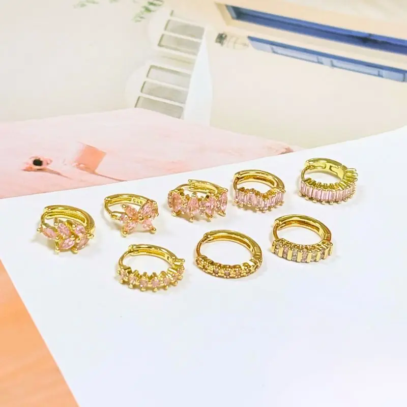 Luxurious geometry 925 sterling silver ear Needle pink series zircon pendant hoop earrings sweet fashion wedding jewelry gifts