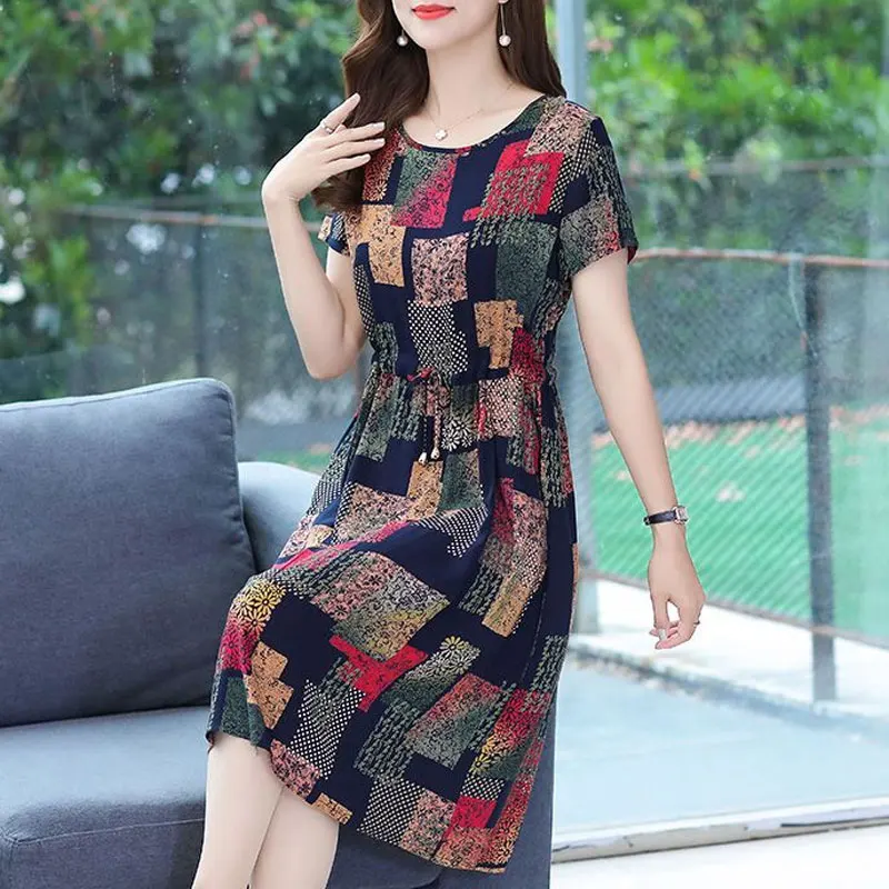 Women's Clothing Vintage Floral Printed Dresses Short Sleeve Commute A-Line 2023 Summer Round Neck Stylish Drawstring Midi Dress