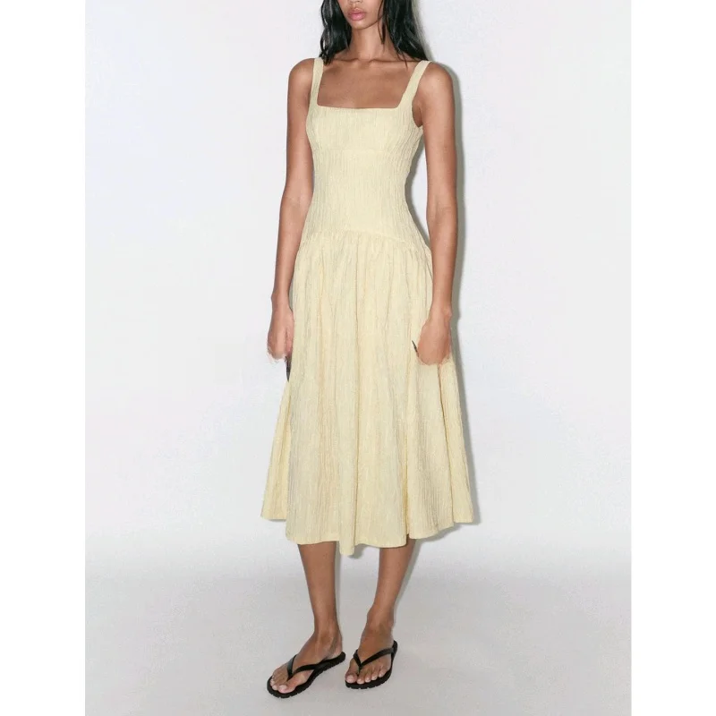 Nuevo vestido Midi sin mangas de verano para mujer, vestido con cuello cuad, estilo informal, fibra de poliéster en forma...