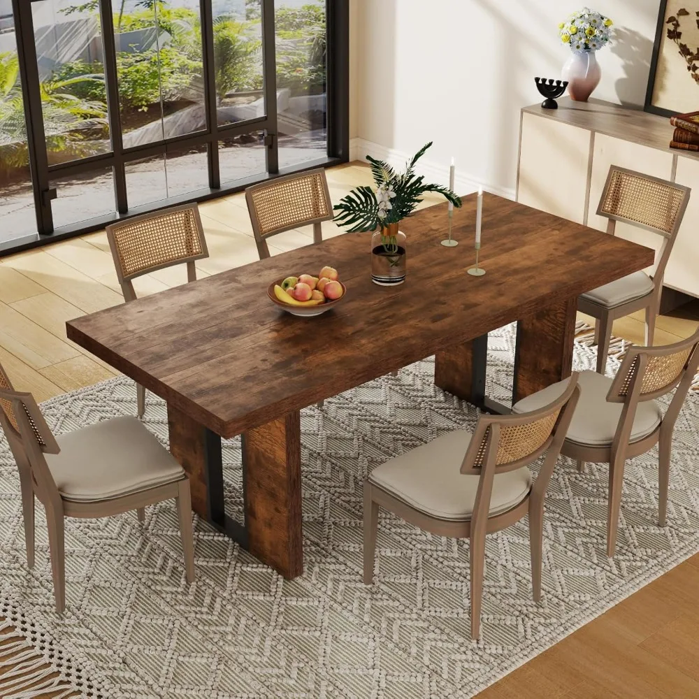 Rural Style Dining Table, Suitable for 7-person Farmhouse Dining Table, Rectangular Kitchen Dining Table with Heavy Legs