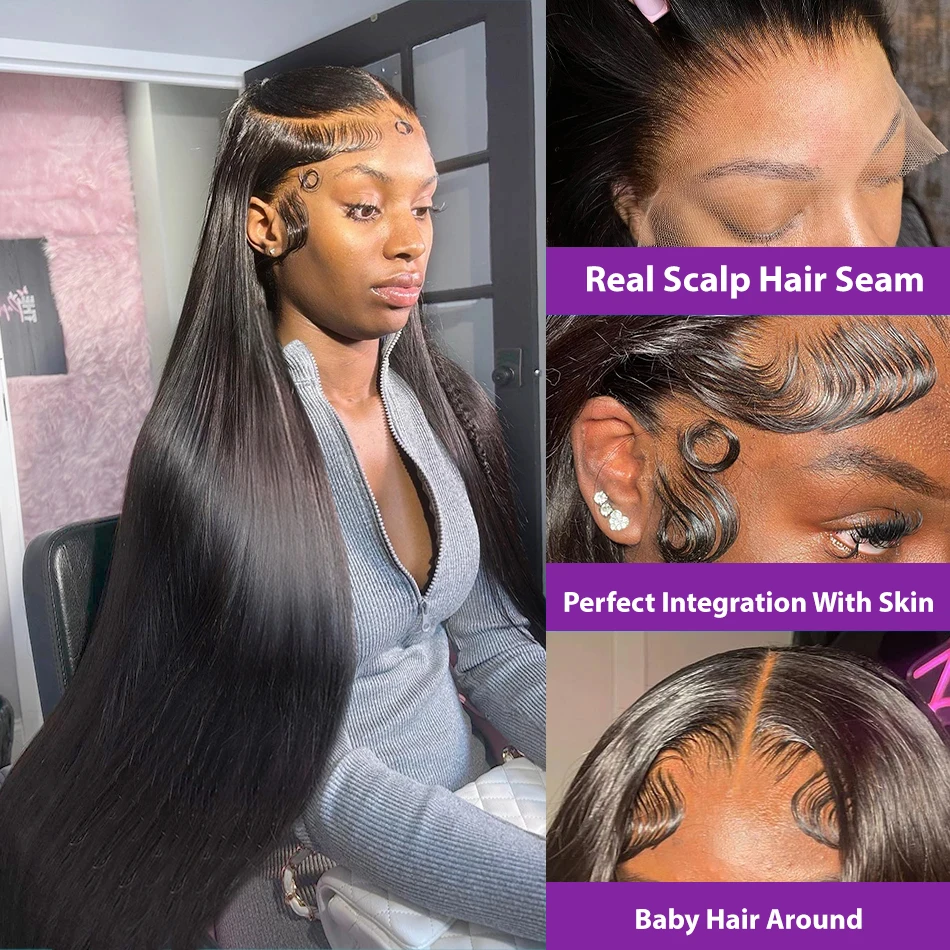 180% Density Straight HD Lace Front Human Hair Wig Brazilian Remy 30 40 Inch 360 Transparent Lace Frontal Wigs For Black Women