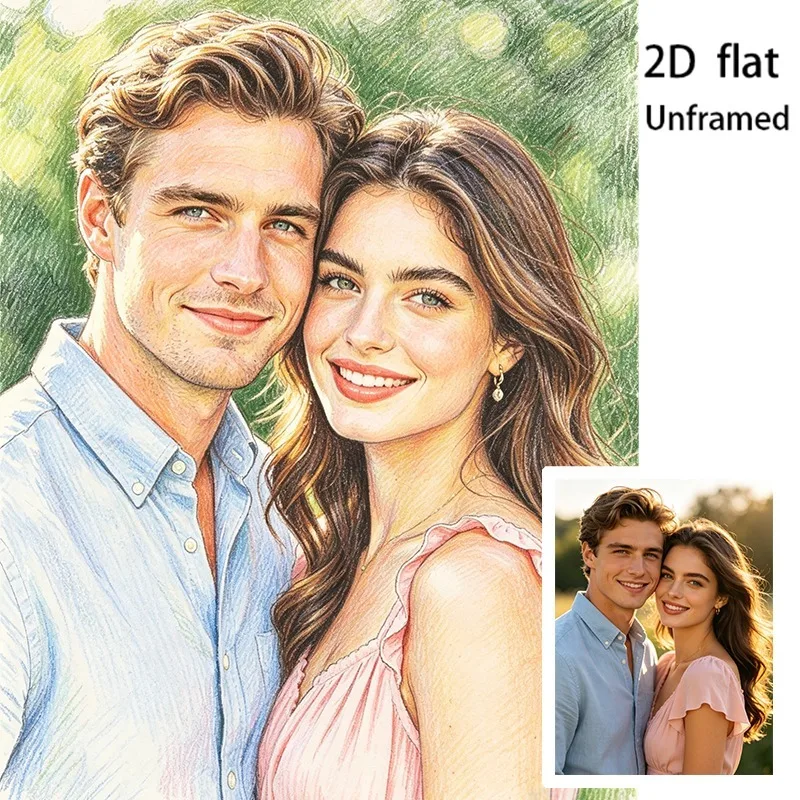 2D Flat , Personalized unframed Photo to Pencil Sketch & Colored Drawing - Custom Portrait Suitable for Weddings, Pets, Family