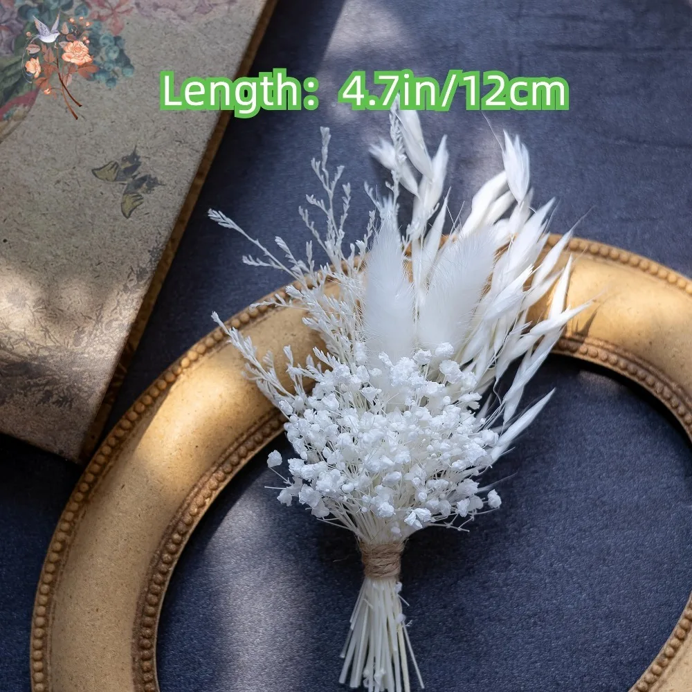 1/6 Bundles Elegant Mini Dried Flowers Bouquet White Boutonniere Boho Wedding Arrangements Pin-on Corsage Cake Car Card Decor