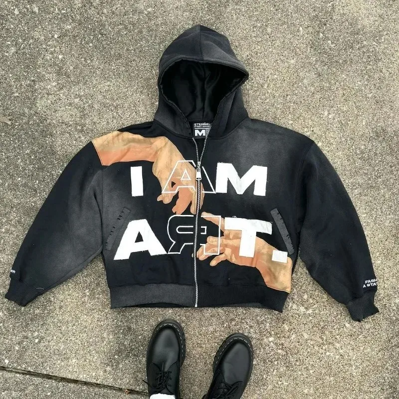 الأمريكية الرجعية إلكتروني طباعة Harajuku Y2K فضفاض البلوز الرجال الشارع عارضة أزياء زوجين المتضخم قلنسوة بسحاب النساء