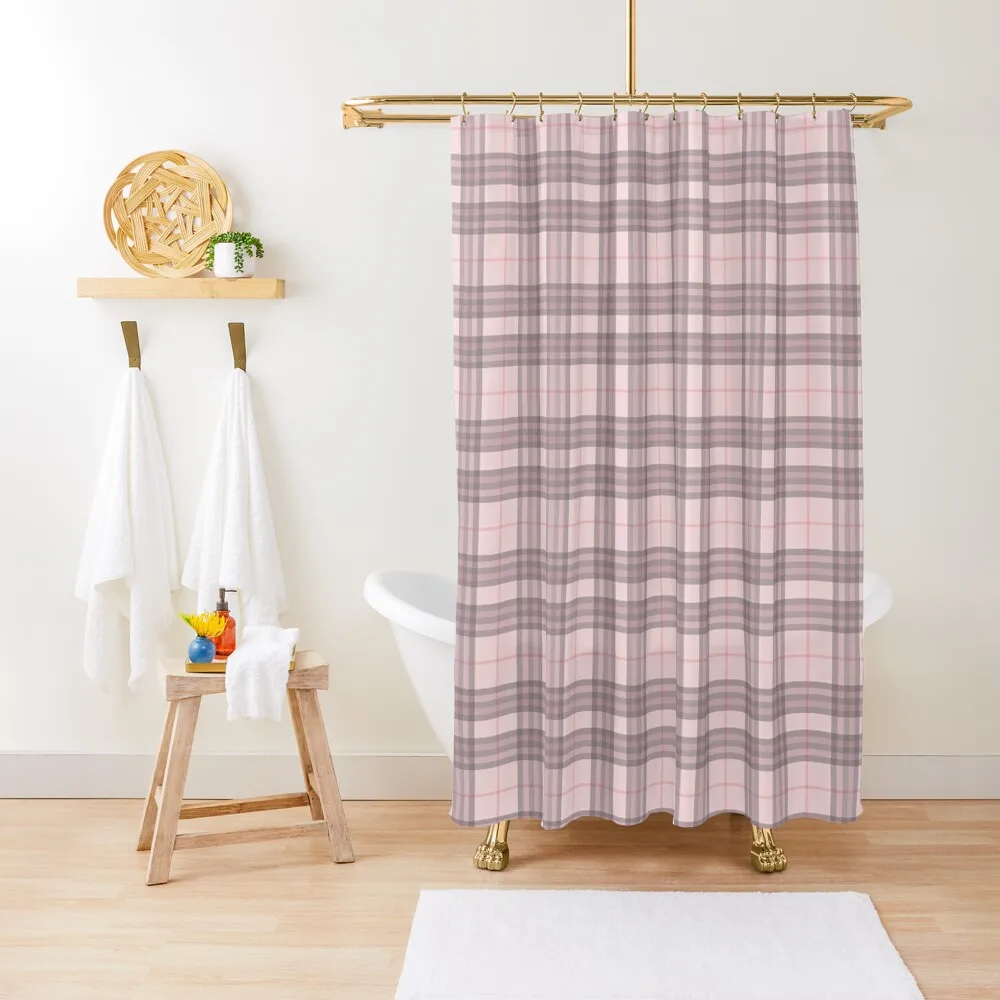 Pink and Grey Checked Shower Curtain Set For Bathroom Transparent Bathroom Shower Washable Waterproof Fabric Shower Curtain