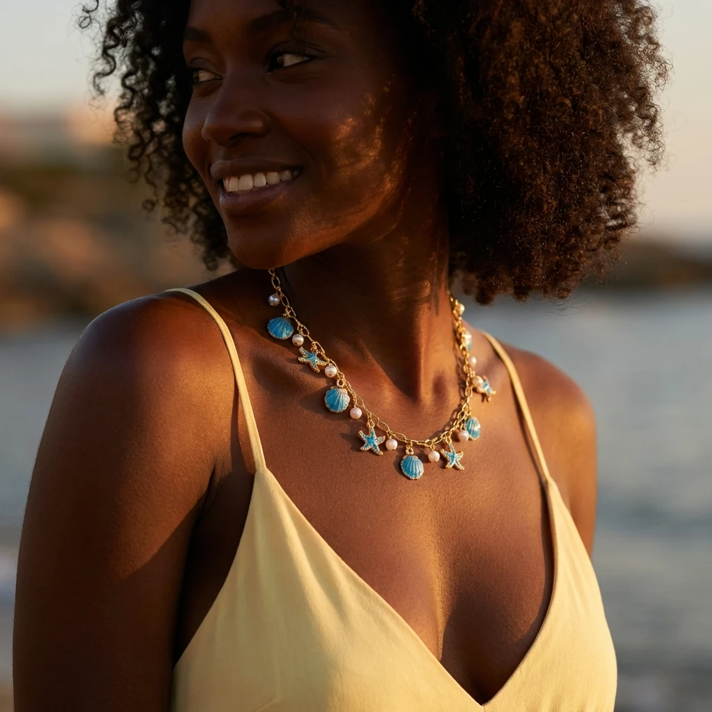 Y2K Einzigartige Meeres-Themen-Halskette für Frauen Boho Rosa Emaille Seestern Jakobsmuschel Anhänger Choker Halskette Ästhetischer Sommerschmuck – Detail 1