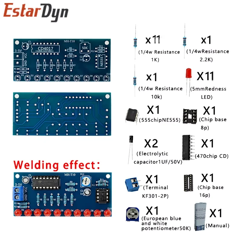 Smart Electronics Kits NE555+CD4017 Light Water Flowing Light LED Module DIY Kit Learn electronic principles, children's lab