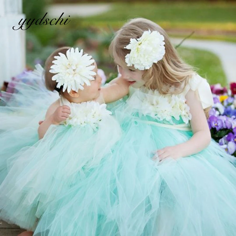 

Cyan Color Kids Flower Girl Dress Sleeveless Princess Floor Length Wedding Lace Simple Besch Ball Gown Dance Tulle Dresses 2022