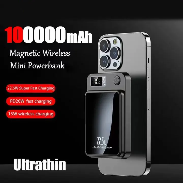 

New 100000mAh Wireless Power Bank Magnetic Qi Portable Powerbank Type C Mini Fast Charger For iPhone Samsung MaCsafe