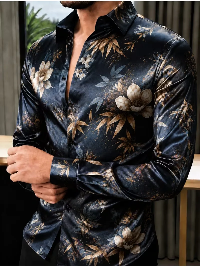 New black background wine red gold border rose satin shirt, light luxury retro men's slim fit long sleeved shirt