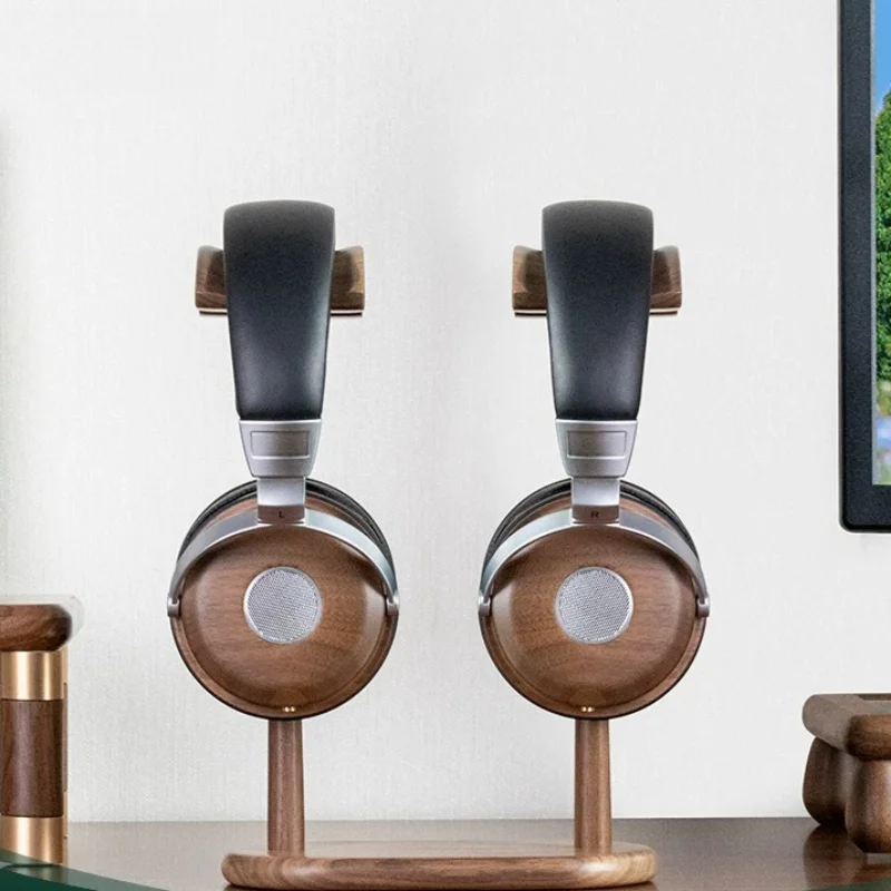Walnut Dual Headphone Stand, Solid Wood Holder for Two Headsets, Desktop Organizer & Display Rack for Gaming Studio Home