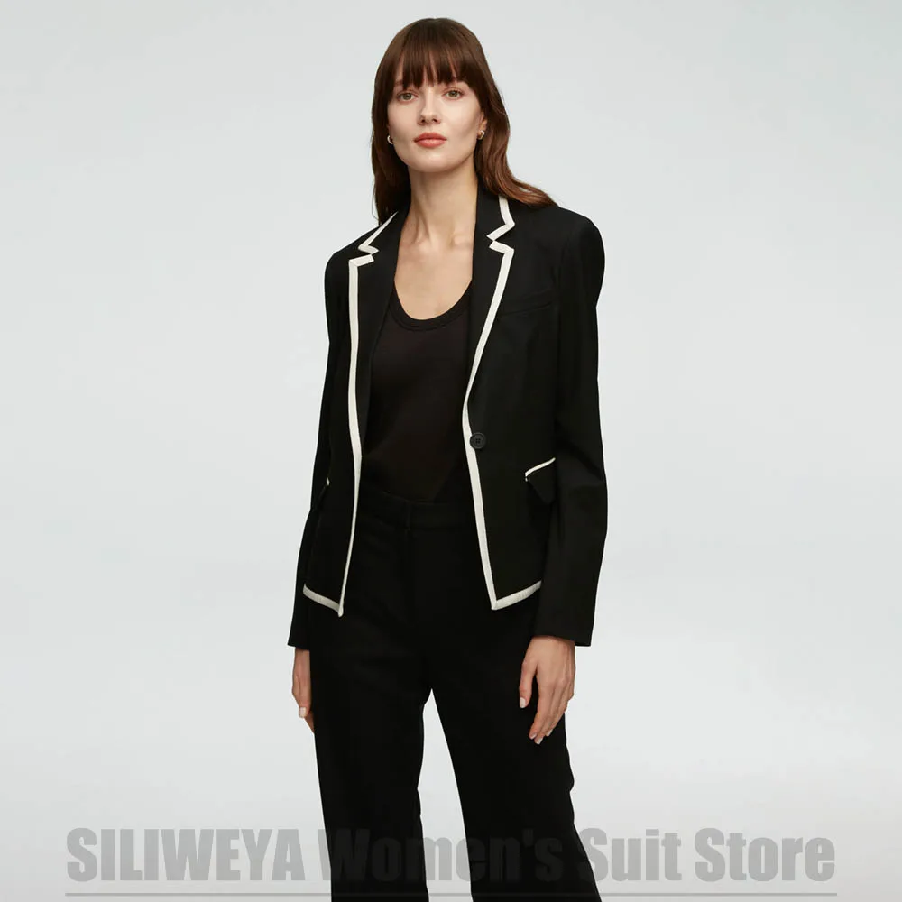 

Women's Black Suit with White Trim Notch Lapel Blazer and Flared Pants Slim Two Piece Elegant Lady Office Formal Party Outfit