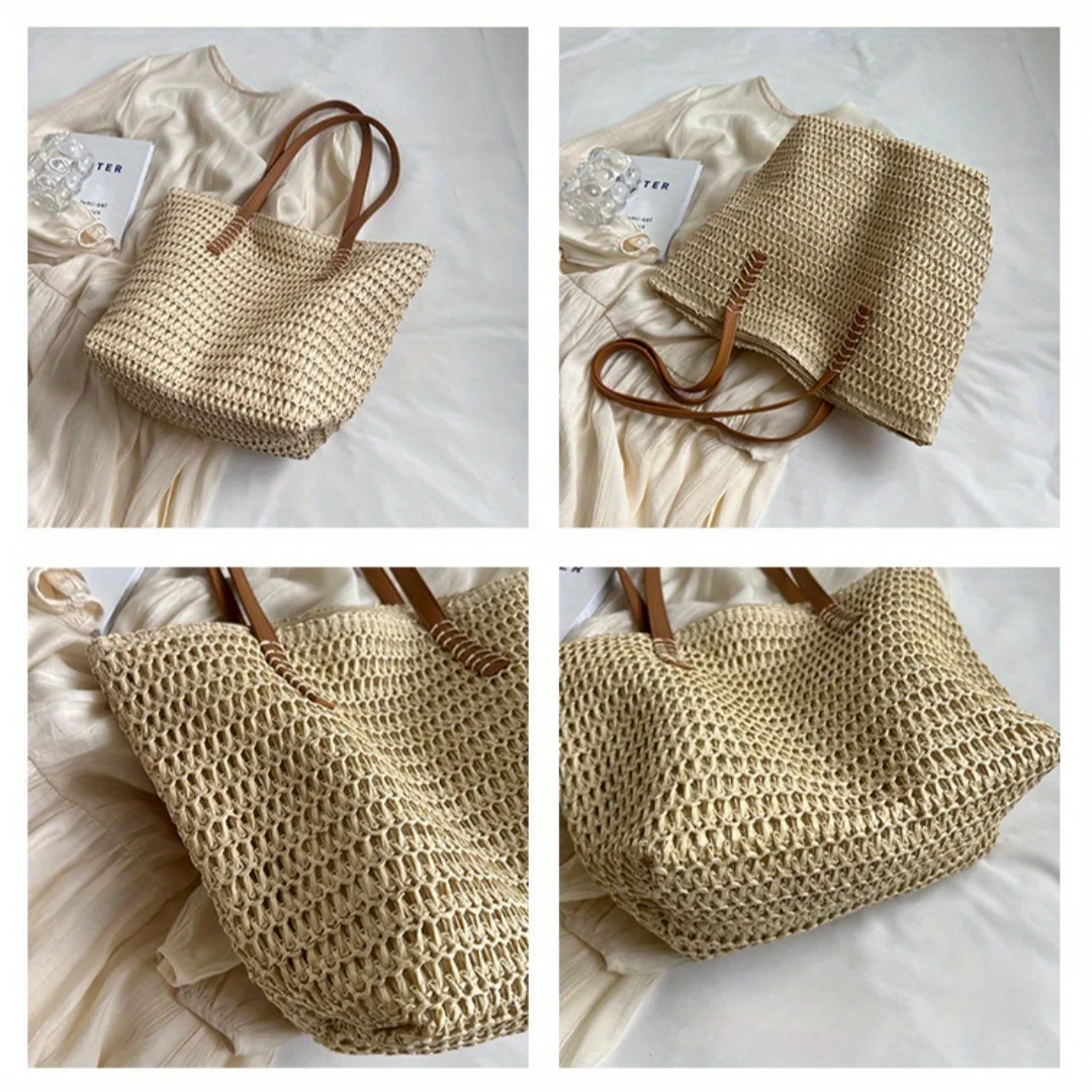 Fashionable and Versatile Women's Woven Bag with Zipper for Travel, Large Capacity Beach Bag, Handbag image 5