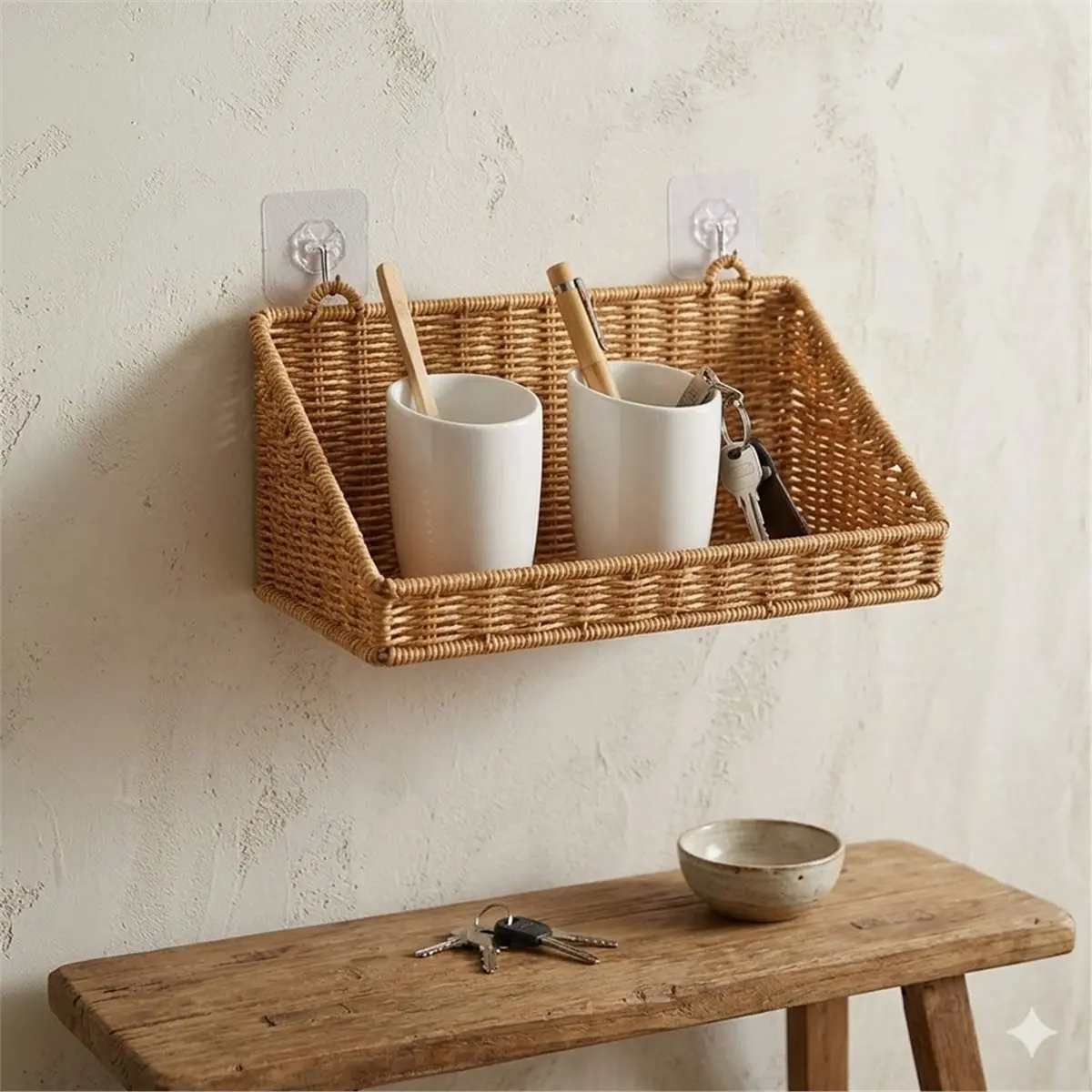 Rustic Wall-Mounted Basket with Hooks - Plastic Woven Rattan Storage Hamper for Home Organization