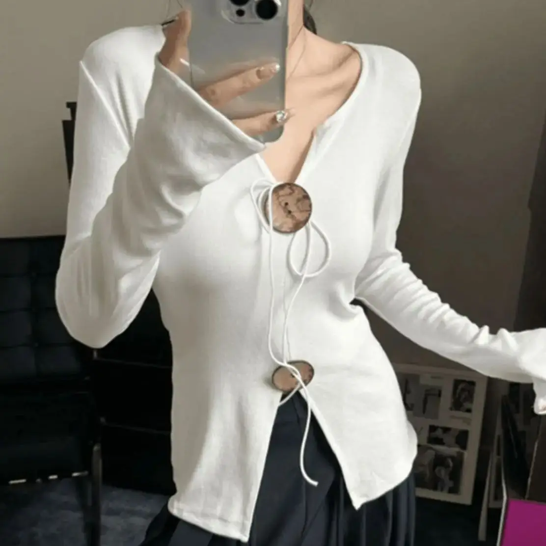 Slit V-Neck Lace-Up Knitted Sweater Women 2024 Autumn New Style Waist Slimming Niche Design Inner Base Top