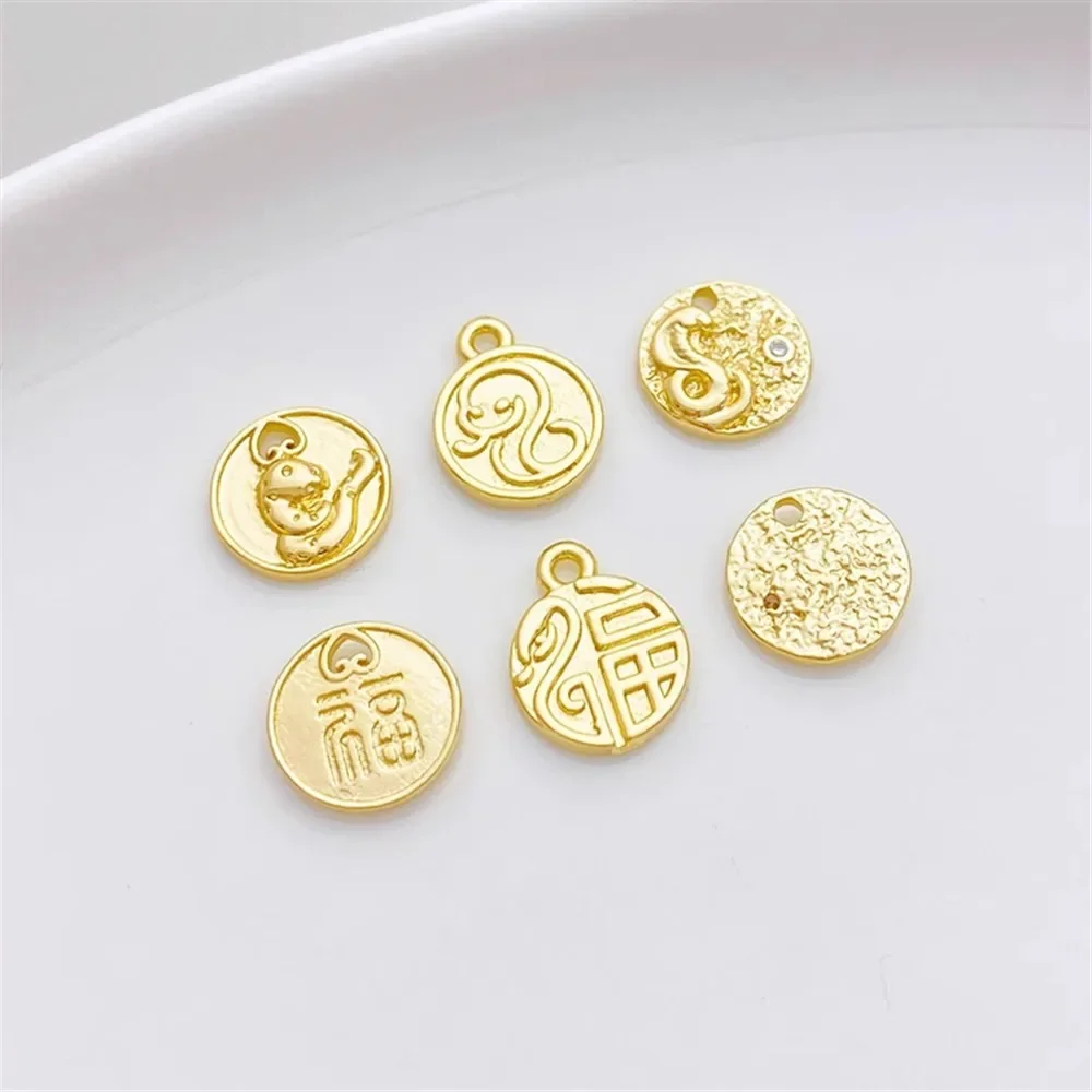 Colgante de marca de bendición de serpiente del zodiaco chapado en oro de 14K de Año Nuevo, cuentas de joyería DIY para collar, pulsera, accesorios artesanales