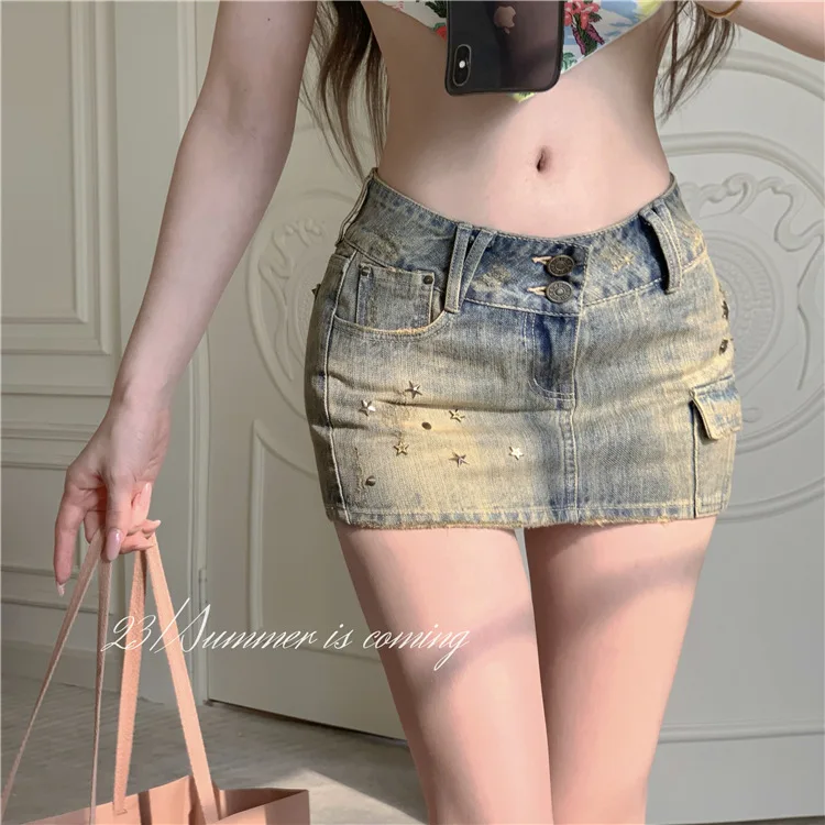 Retro rivet heavy-duty denim skirt summer high-waisted slimming hip skirt