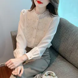 Embroidered Stand Up Collar Chiffon Shirt for Women New French Style Age Reducing Versatile Long Sleeved Top Ins