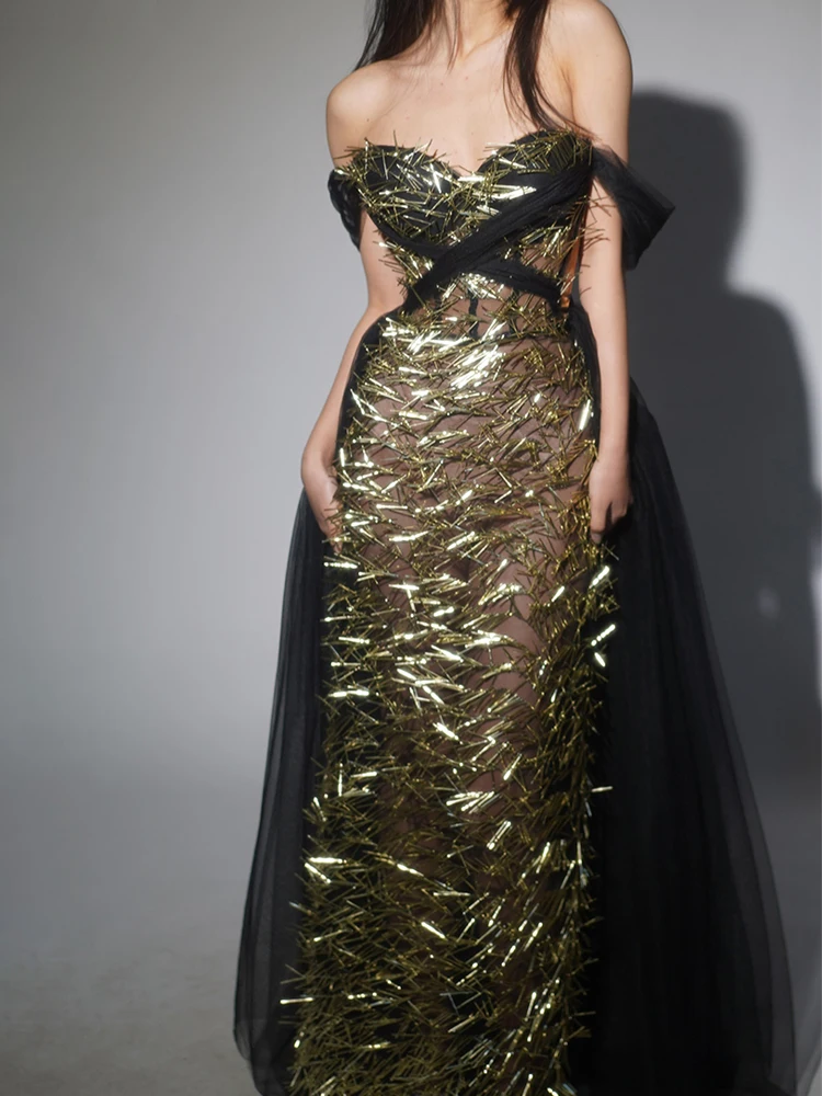 Sukienka wieczorowa czarno-złota z odkrytymi ramionami, kostium sceniczny, długa sukienka damska na występy, letnia sukienka festiwalowa, odzież rave yk031