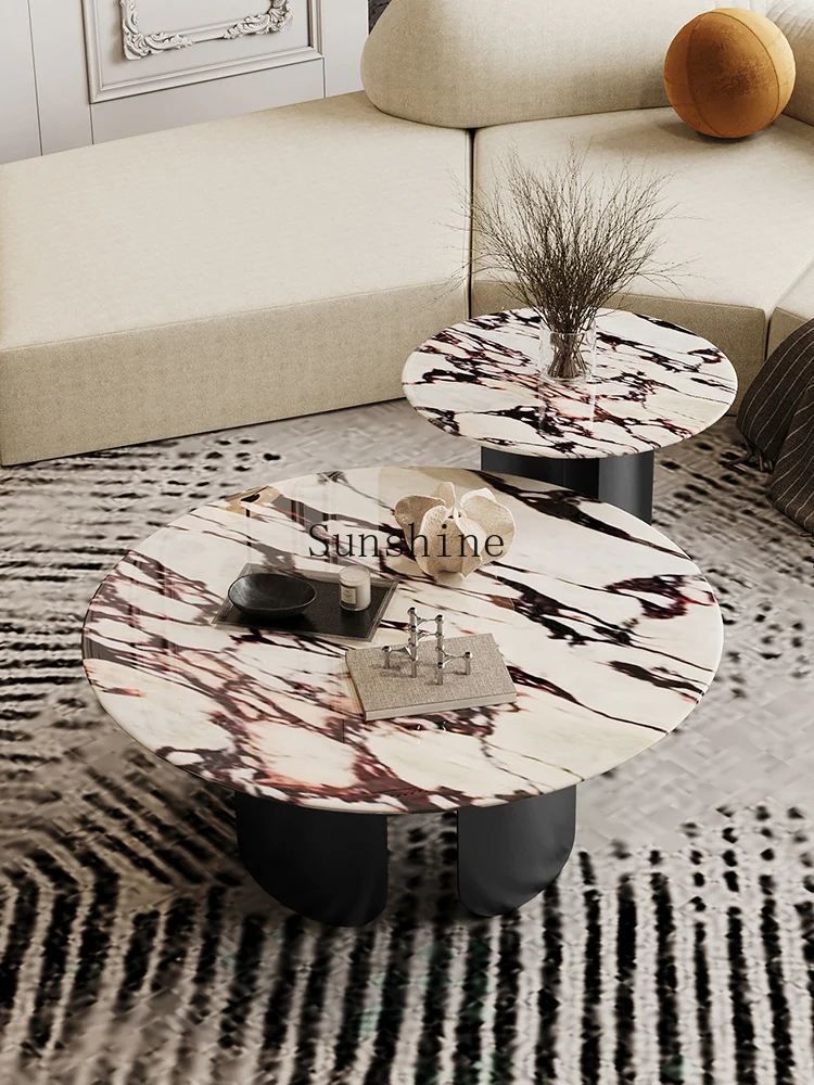 طاولة قهوة مستديرة من الرخام الإيطالي البسيط، شقة صغيرة منزلية فاخرة وخفيفة الوزن
