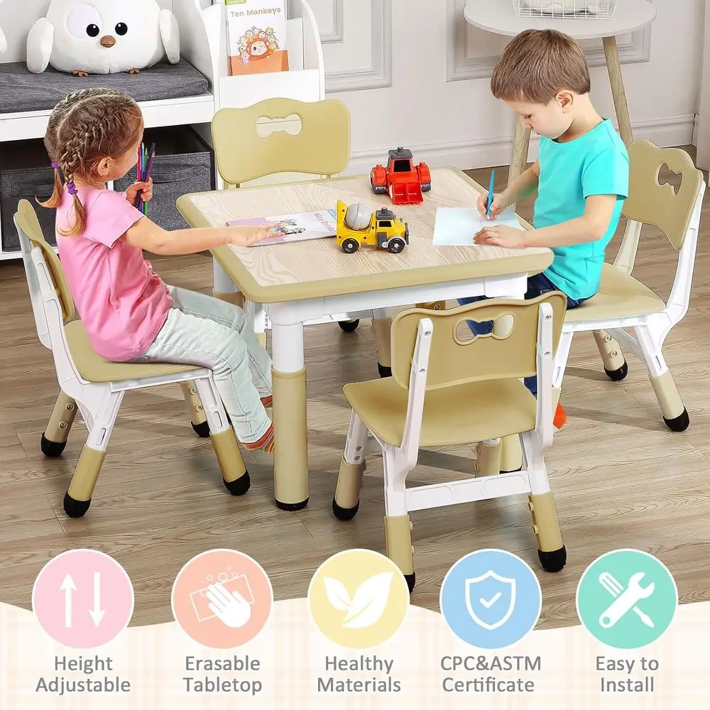 Adjustable Height Kids Table and 4 Chairs Set, Graffiti Top, Multi-Activity Table for Ages 2-10, Suitable for Classrooms, Daycar