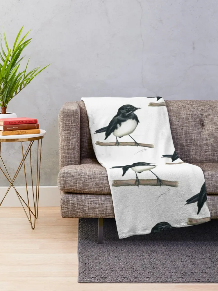 Willie Wagtail bird art with signature. Lovely little black and white bird gifts! Throw Blanket Giant Sofa Flannels Blankets