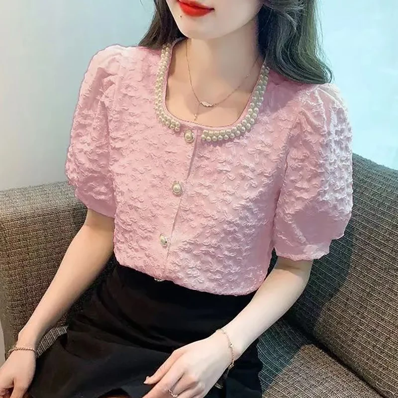 Fashion Square Collar Solid Color Beading Puff Sleeve Shirts Female Clothing 2024 Summer Loose Sweet Tops All-match Blouses