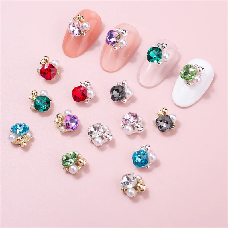 

10PCS/Lot Nail Art Charms Jewelry Rhinestone For Women Fingernail Decoration Colorful Stone Gold Alloy Nail Gems Flatback Strass