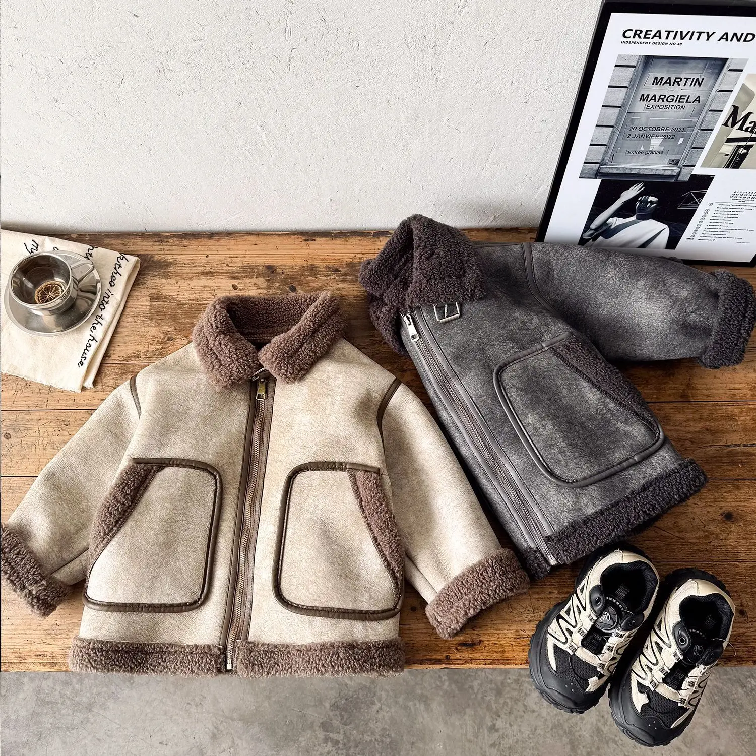 

New Winter Toddler Boys Wool Jacket Turn Down Collar Patchwork Kids Baby Boys Integrate Coat Thicken Warm Infant Boys Outerwear