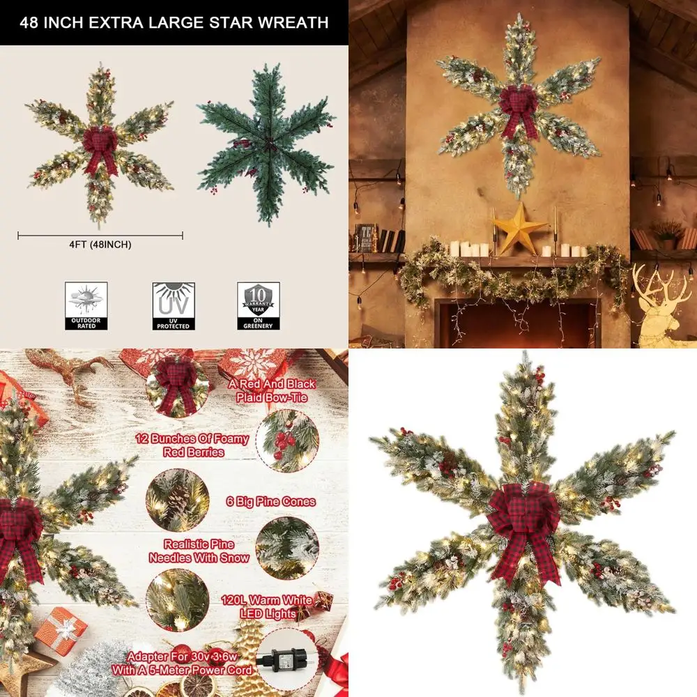 

Попередний световой 48-дюймовый рождественский венок с 120 лампами, снежной звездой, галстуком-бабочкой, ягодами и сосновыми шишками для наружного домашнего декора в помещении