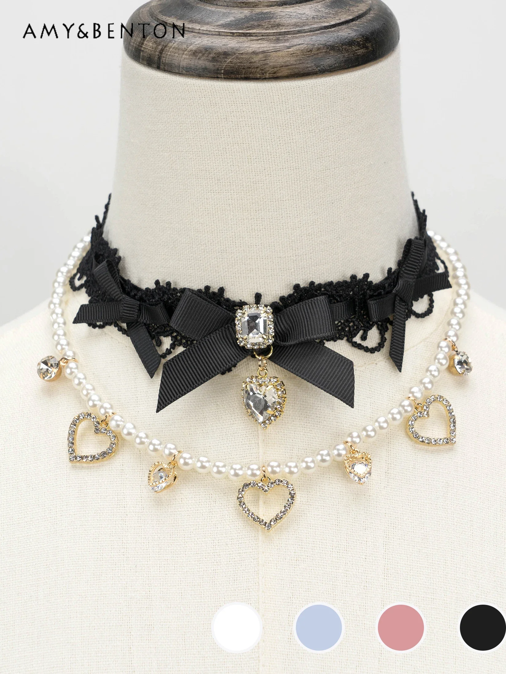 Japanese Mine Mass-Produced Heavy Industry Double Layer Pearl Heart Rhinestone Necklace Lolita Pendant Girl Hair Accessoires