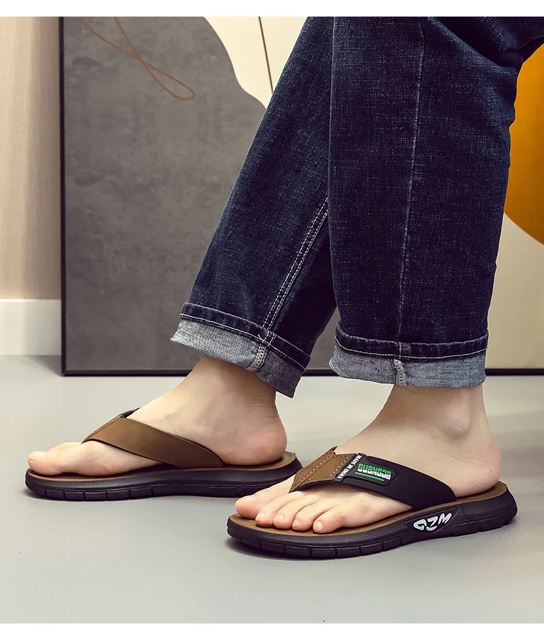 Herren-Leder-Flip-Flops, Sommer-Neuheit, rutschfest, dicke, weiche Sohle, verschleißfest, lässige Sandalen für Zuhause, draußen, Strand – Detail 17