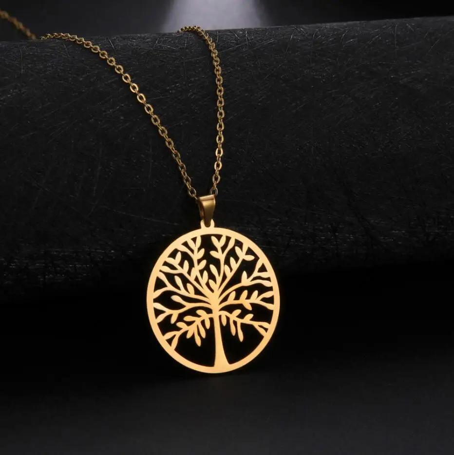 

1PC Stainless Steel Tree Necklace Round Pendant Family Special Meaningful Present Friend Gift Stone Design Jewelry F1445