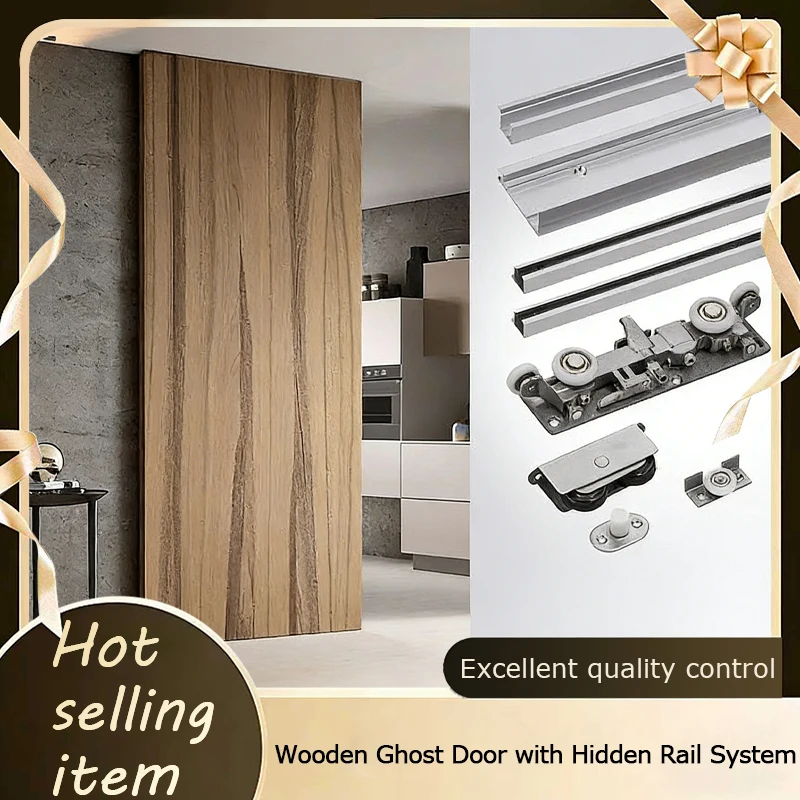 Ghost Door Hidden Track Hardware Kit Double Buffer Damping Sliding Hanging Roller For Wooden Bathroom Single Door Trackless