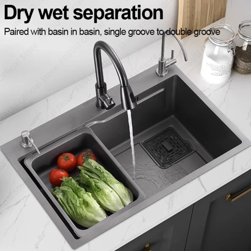 Multifunctional Kitchen Sink Large Capacity Vegetable Basin Above Counter or Undermount With Pull-Out Faucet Drain Accessories