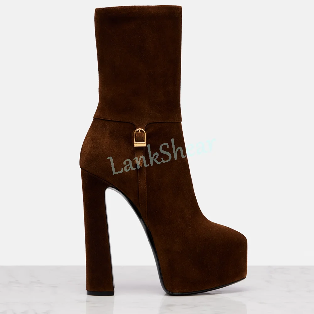 

Suede Leather Metal Buckle Ankle Boots Platform Round Toe Square High Heeled Fashion Women Short Boots 2026 New Arrivals Brown