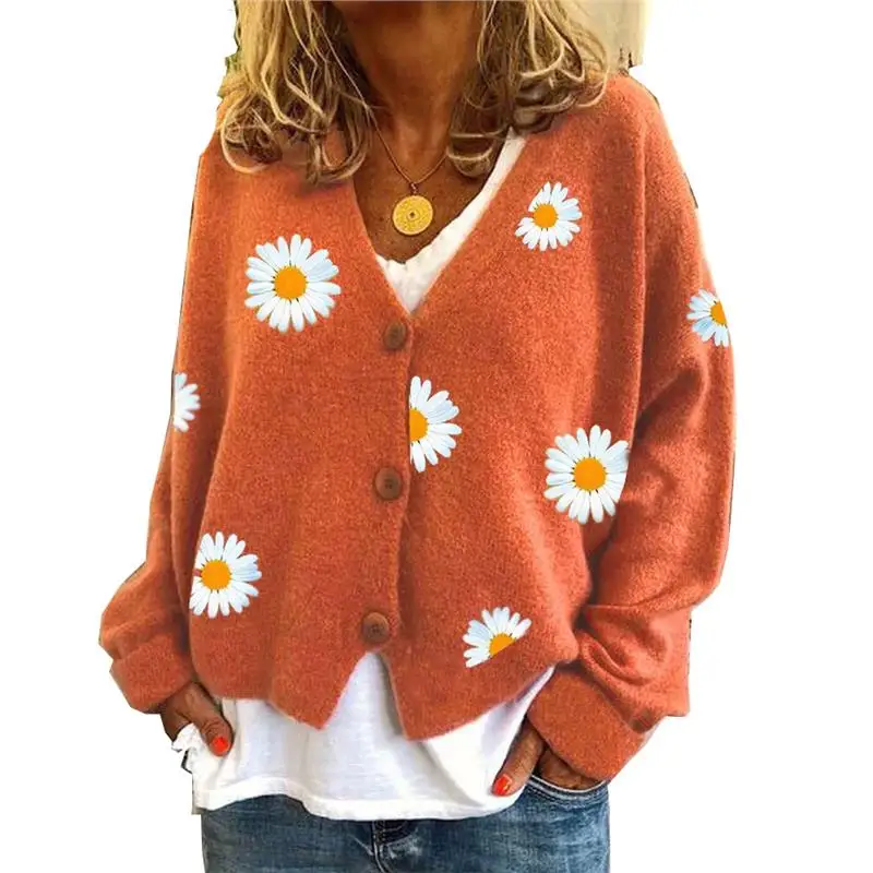 

Cross-Border New Women's Knitted Sweater Single Button Embroidered Cysanthemum Autumn Jaet Long Sve Thiened Cardigan