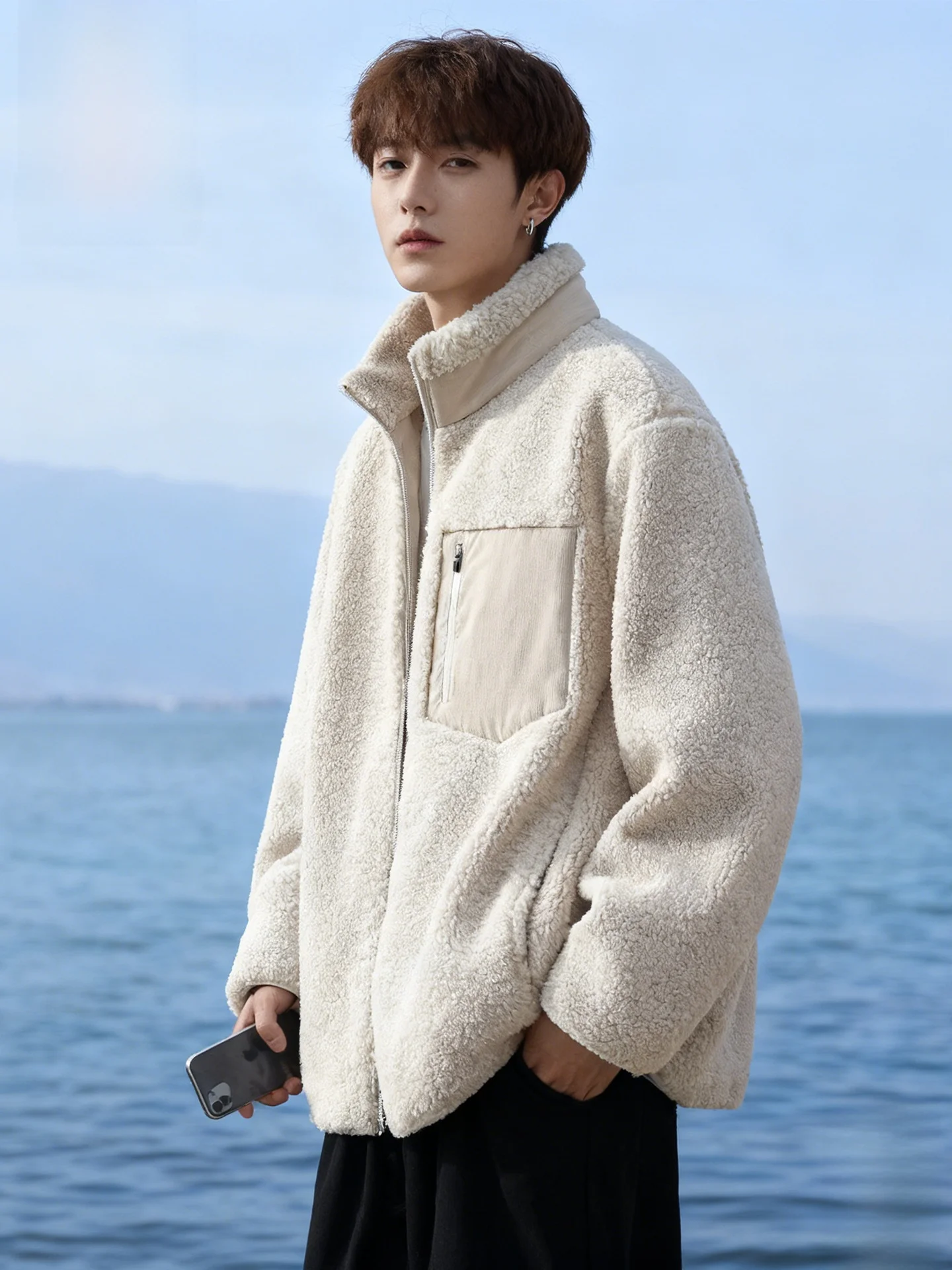 

Winter Thiened Fce Jaet Men's Lamb Velvet Collar Open Cardigan Jaet Trendy Warm Stand Fit Long Sve ...