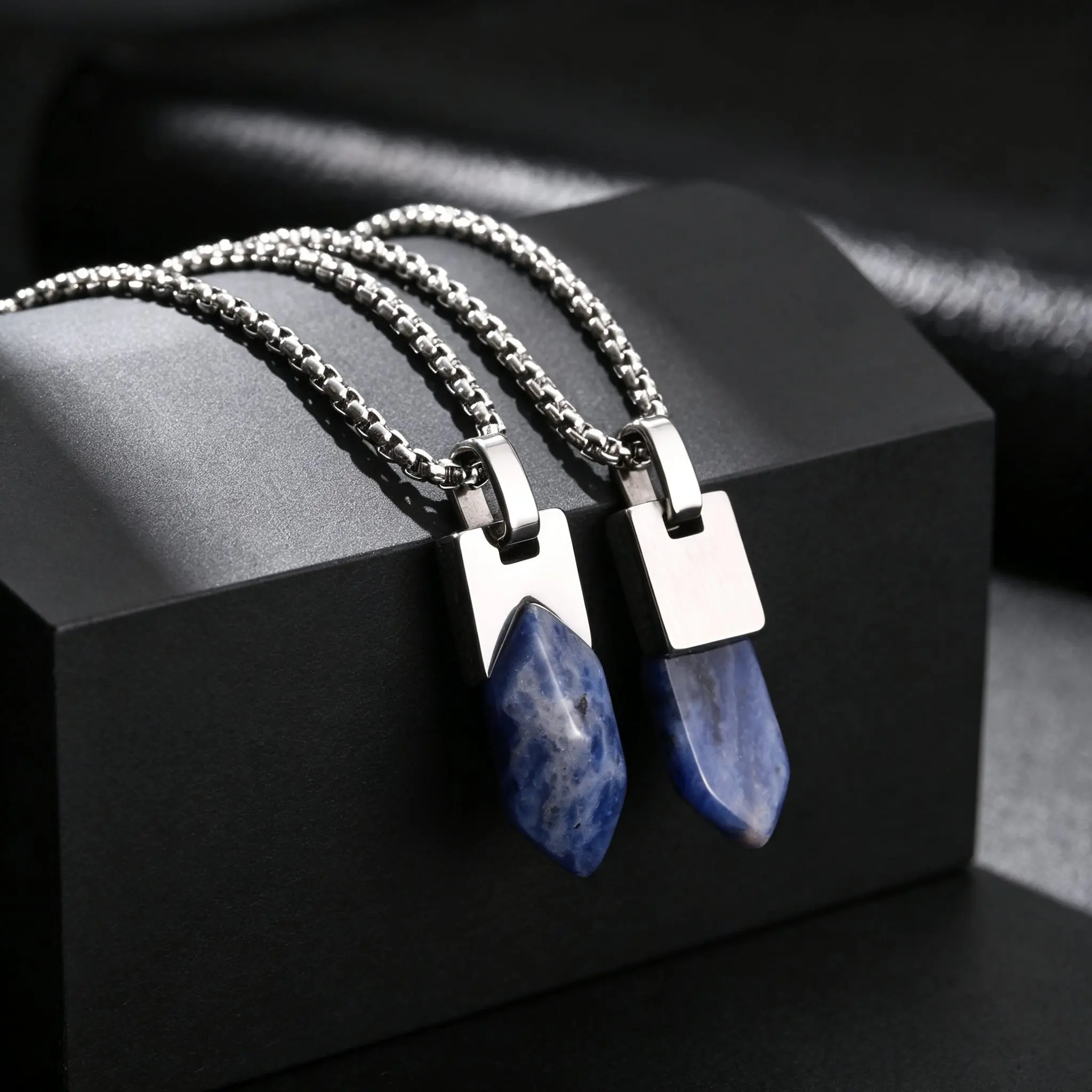 Vintage Lapis Lazuli Tiger Eye Natural Stone Necklace, Stainless Steel Geometric Pendant Necklace for Men, Fashion Punk Jewelry