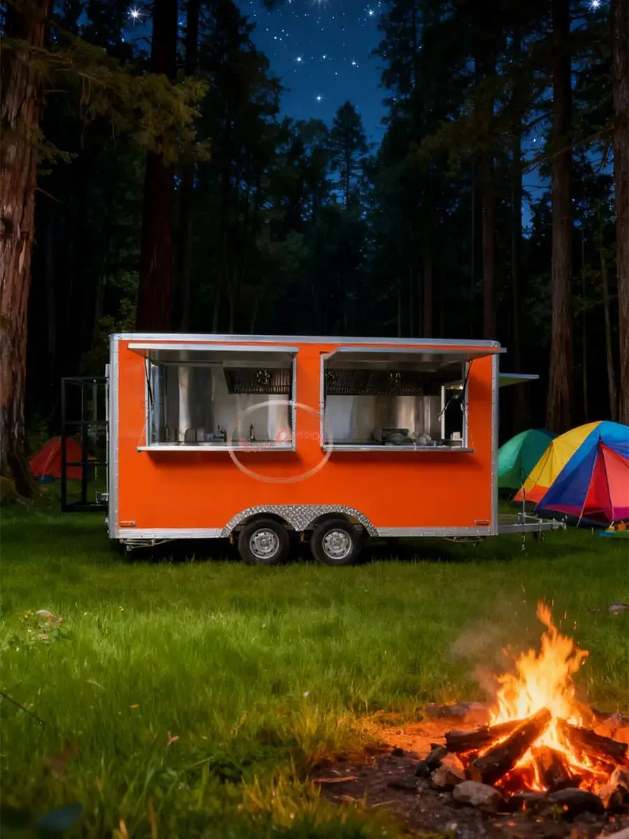 Outdoor Food Trailer Eye-Catching Orange Main Color with Silver Metal Trim Highly Visually Recognizable Food Concession Stand
