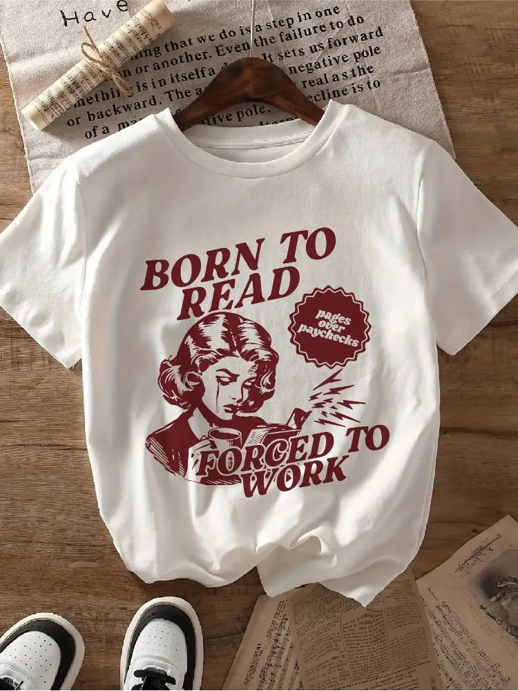 تي شيرت نسائي من Born To Read Compulsion Work Pattern تي شيرت بتصميم عتيق لمحبي الكتب للسيدات توضيحي برقبة دائرية وأكمام قصيرة