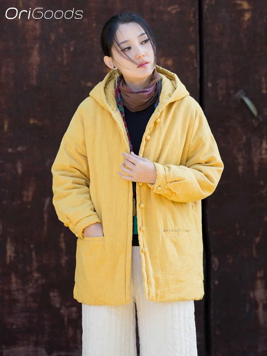 

OriGoods стеганая куртка женская с капюшоном зимнее хлопковое стеганое пальто толстая теплая свободная верхняя одежда зимняя одежда в китайском стиле 2025 B352