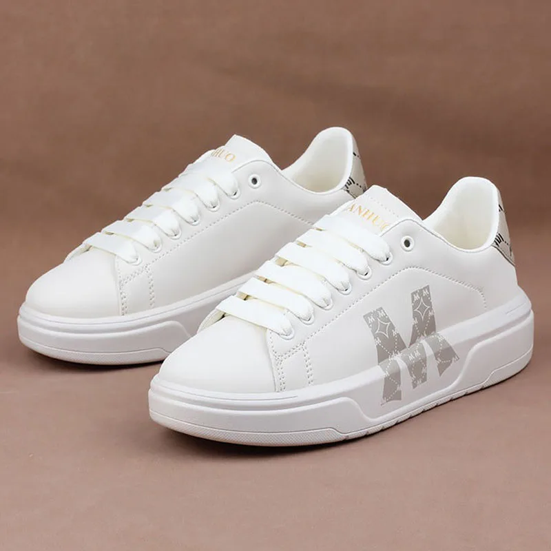 

Мужские кроссовки с буквенным принтом, белая кожаная повседневная обувь, модная обувь на плоской подошве, обувь для скейтборда на платформе, повседневная спортивная обувь на толстой подошве