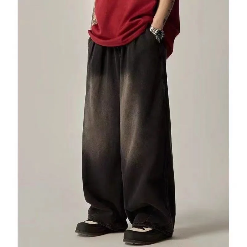 Men's Black Gradient Tie-Dye Wide-Leg Pants High Waist Elastic Waist Loose Casual Streetwear Trousers