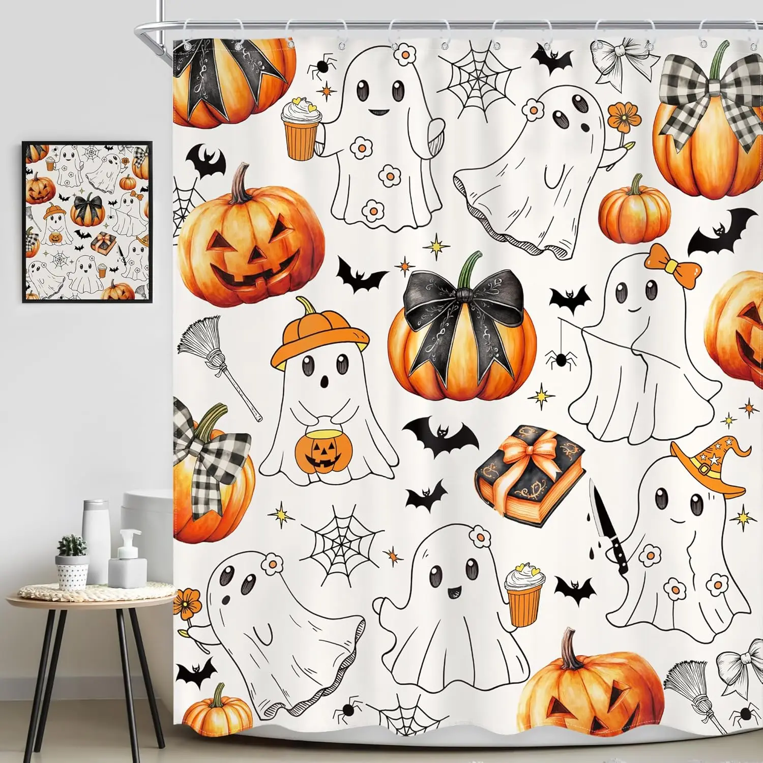 

Занавеска для душа на Хэллоуин, дюйм, черный, оранжевый, призрачный, жуткий, милый детский, бант в виде тыквы, цветок ведьмы, набор для ванной комнаты, забавный мультяшный винтажный комплект